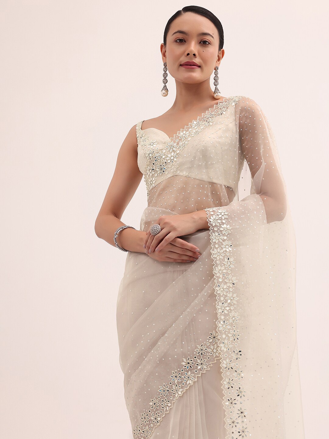 

KALKI Fashion Embellished Embroidered Tissue Saree, Off white