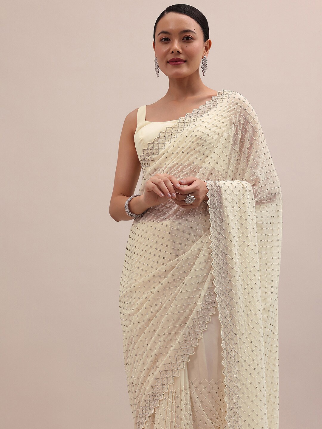 

KALKI Fashion Beads and Stones Pure Georgette Saree, White