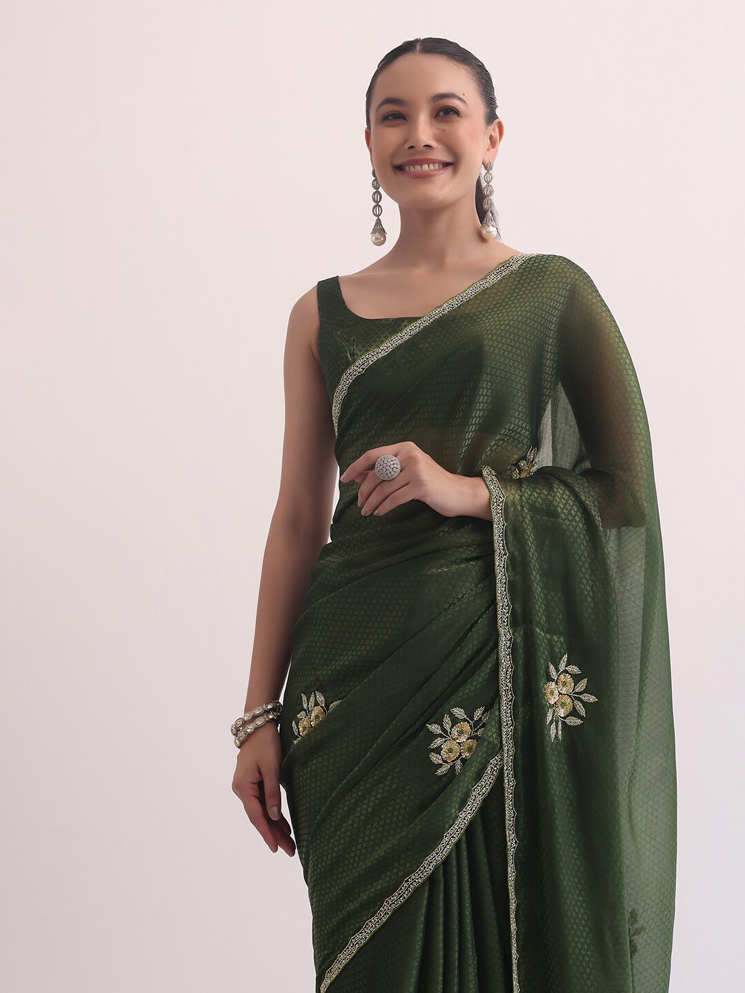 

KALKI Fashion Embellished Beads and Stones Satin Saree, Green