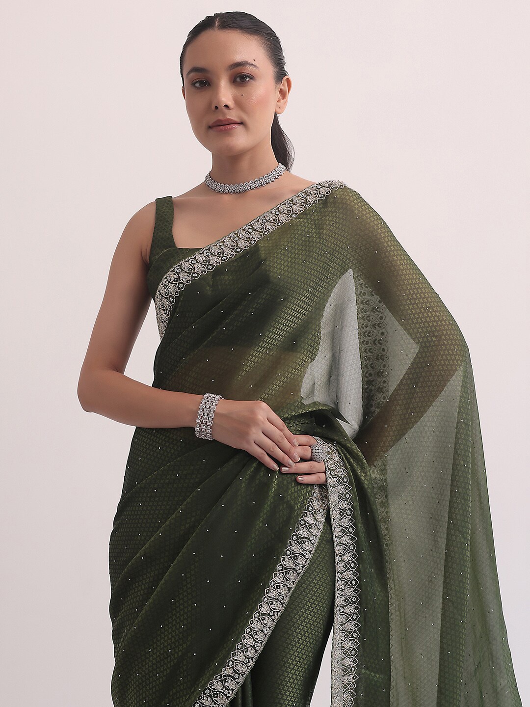 

KALKI Fashion Embellished Beads and Stones Satin Saree, Green