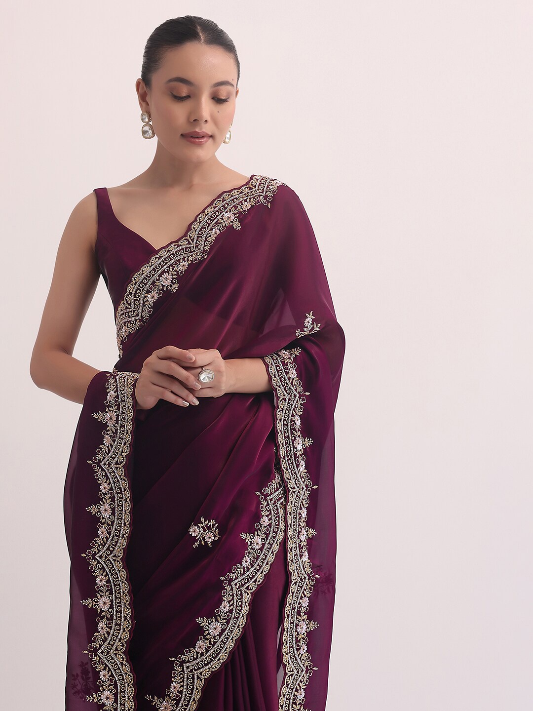 

KALKI Fashion Embellished Beads and Stones Tissue Saree, Burgundy