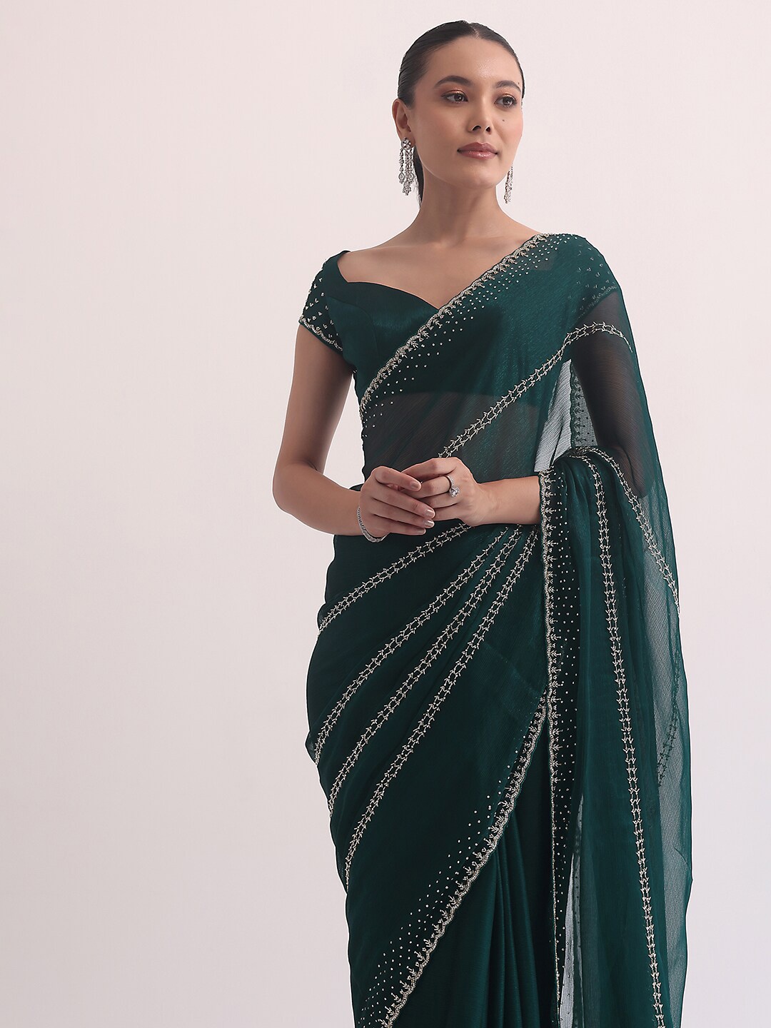 

KALKI Fashion Floral Beads and Stones Pure Chiffon Saree, Green