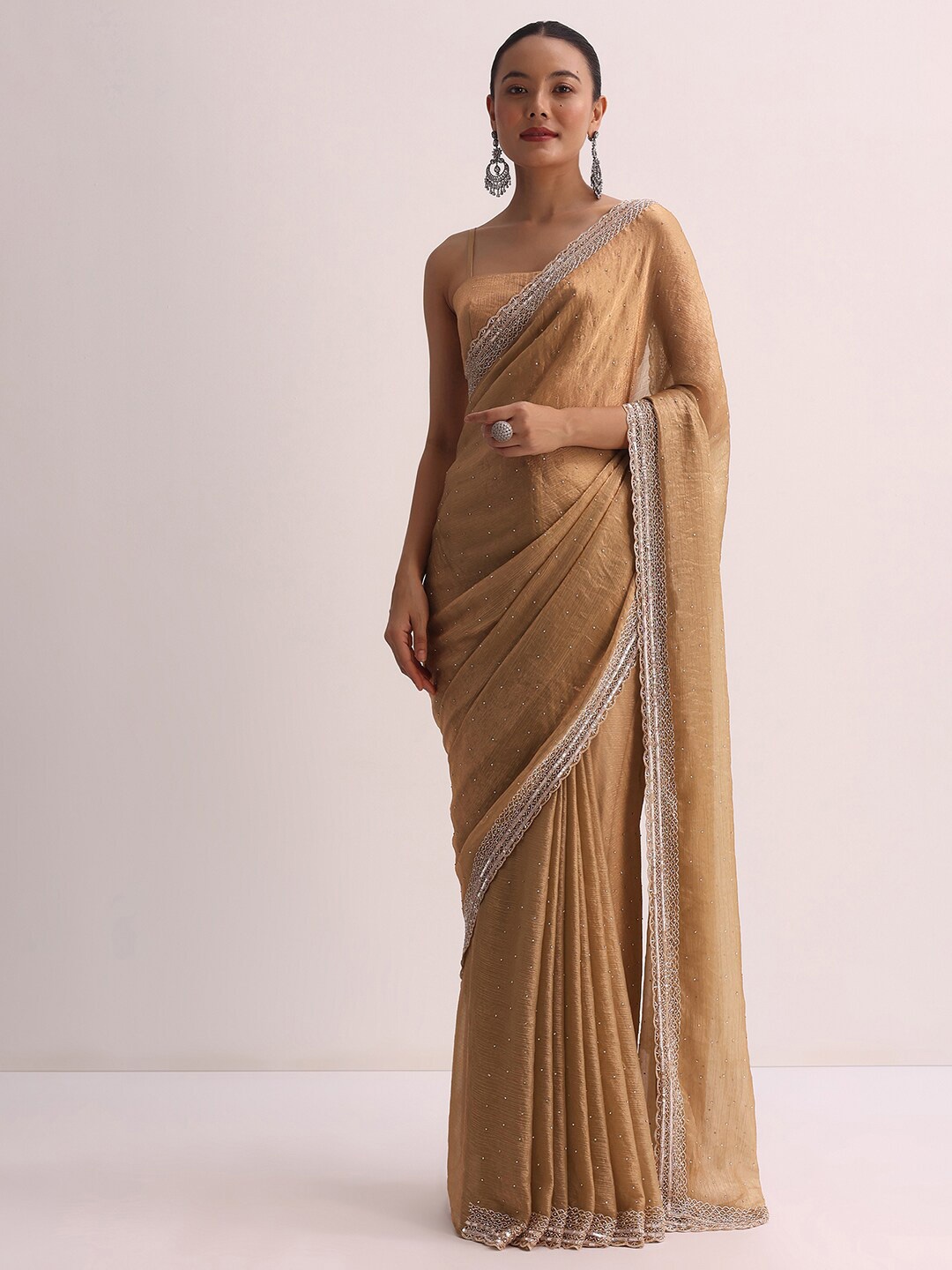 

KALKI Fashion Embellished Beads and Stones Tissue Saree, Gold