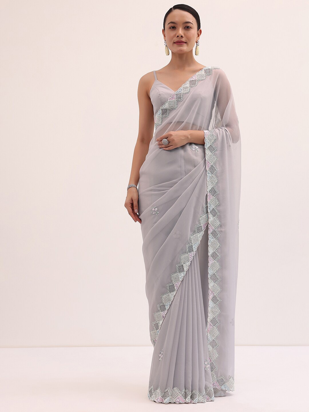 

KALKI Fashion Embellished Beads and Stones Pure Chiffon Saree, Grey
