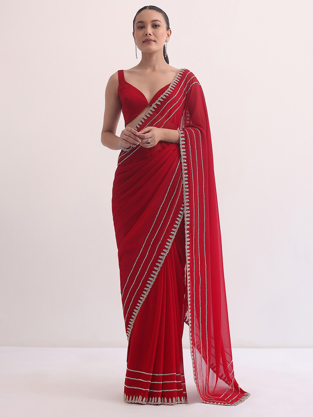

KALKI Fashion Embellished Beads and Stones Pure Georgette Saree, Red