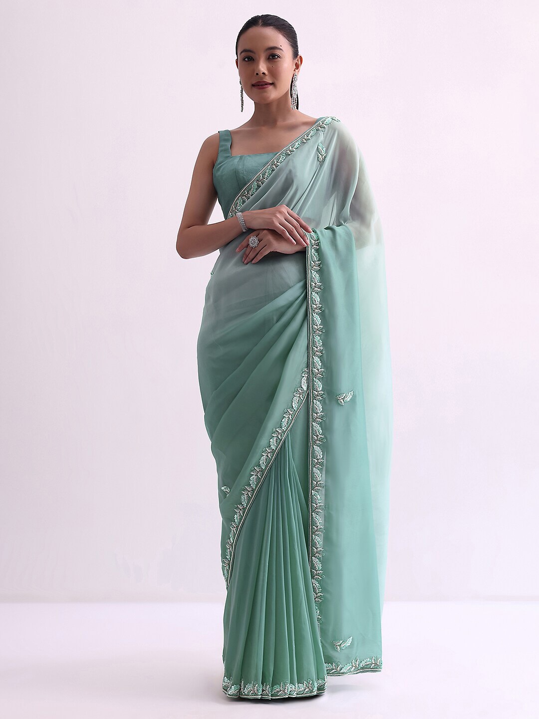 

KALKI Fashion Embellished Beads and Stones Satin Saree, Green