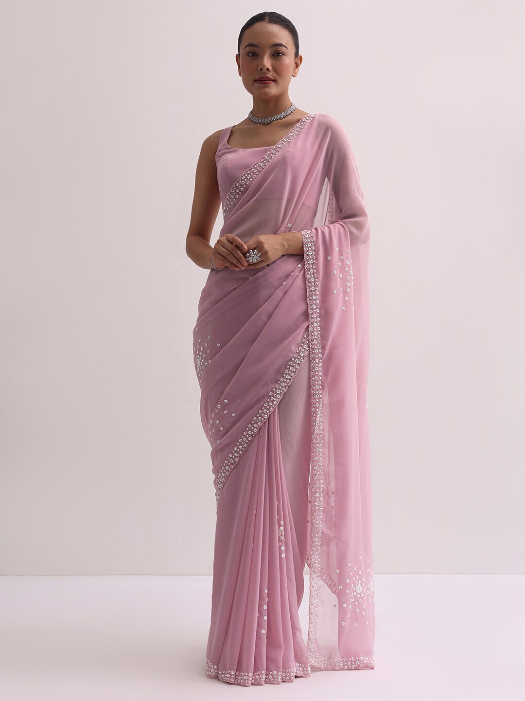 

KALKI Fashion Embroidered Beads and Stones Pure Georgette Saree, Pink