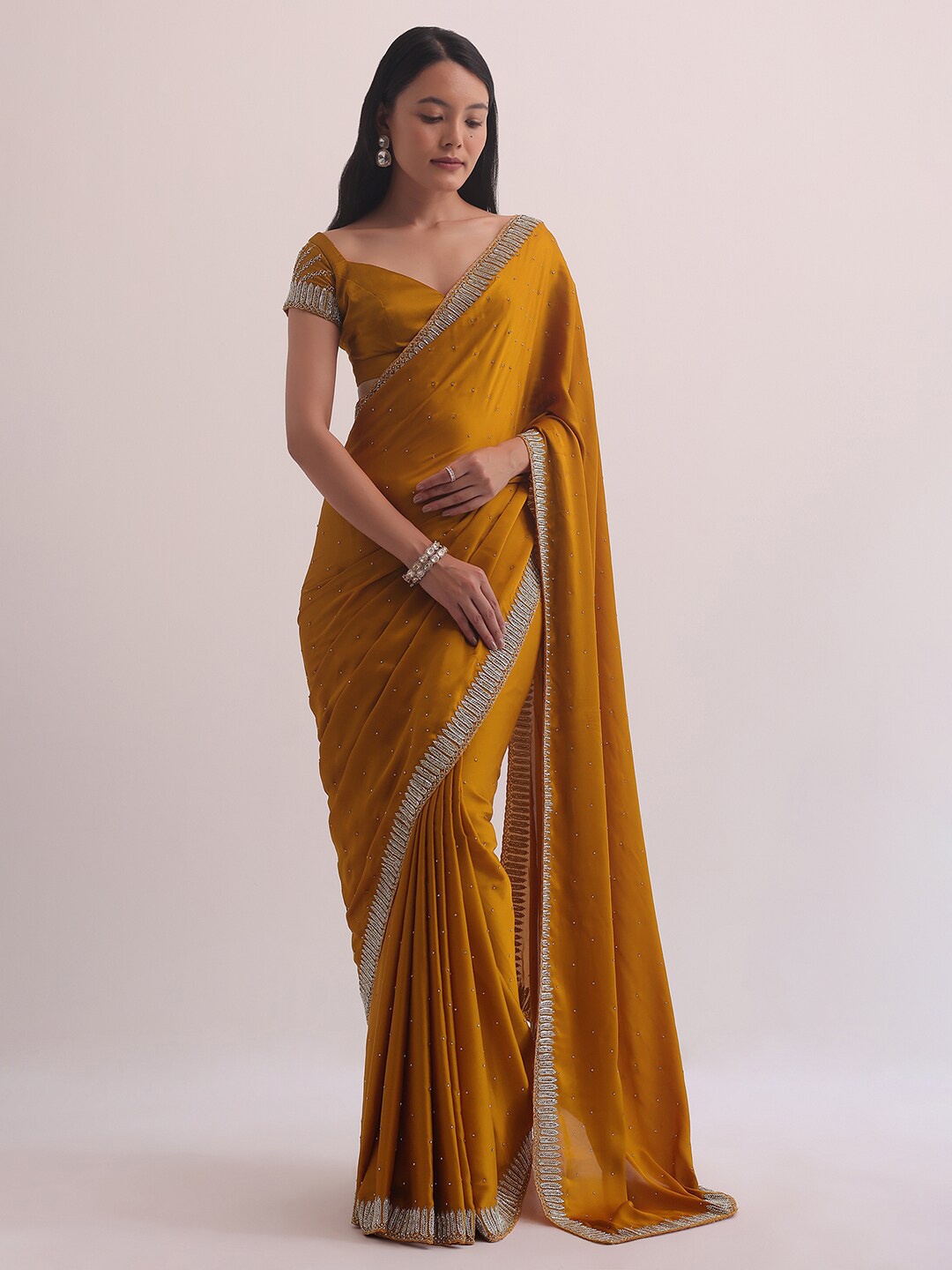 

KALKI Fashion Embellished Beads and Stones Satin Saree, Mustard