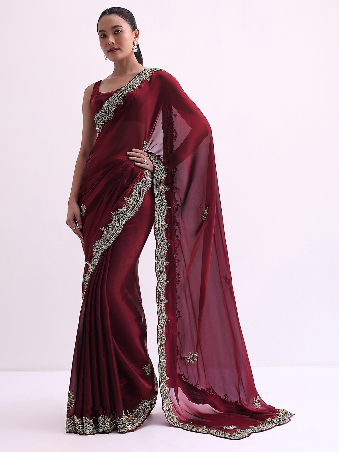 

KALKI Fashion Embellished Beads and Stones Satin Saree, Maroon