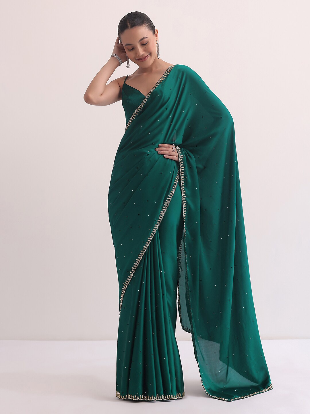 

KALKI Fashion Embellished Beads and Stones Satin Saree, Green