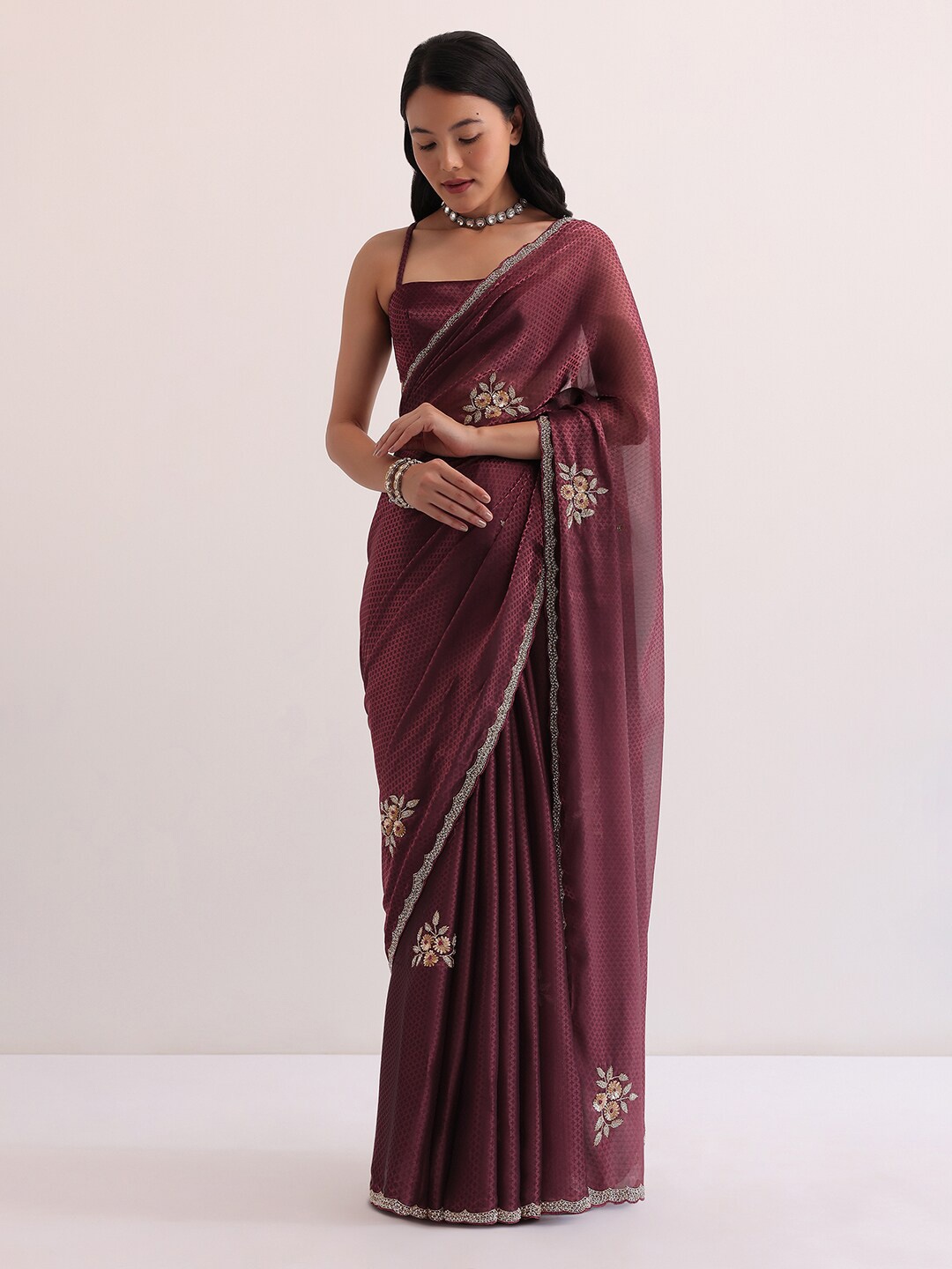 

KALKI Fashion Embroidery Beads and Stones Satin Saree, Brown