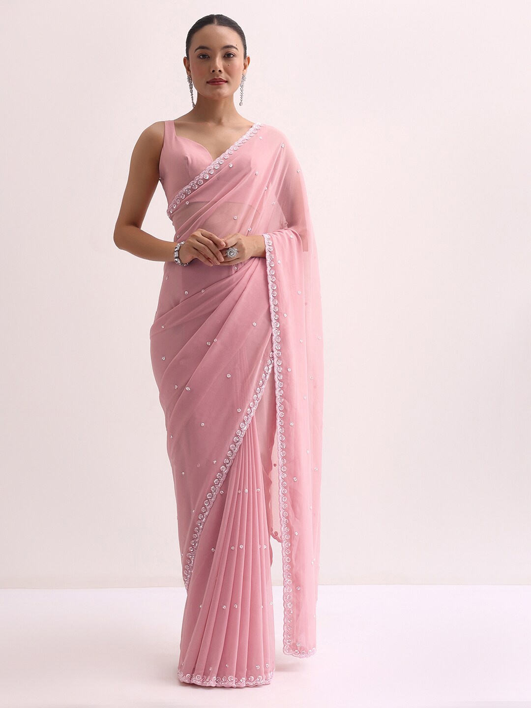 

KALKI Fashion Embellished Beads and Stones Pure Georgette Saree, Pink