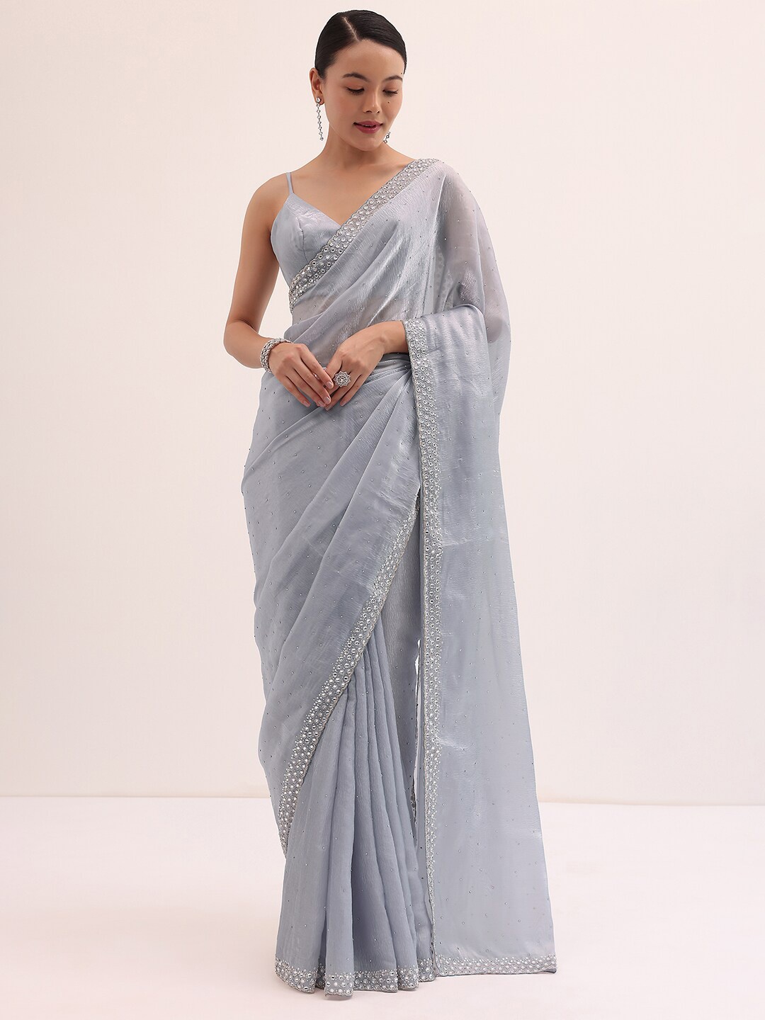 

KALKI Fashion Embellished Beads and Stones Pure Chiffon Saree, Blue