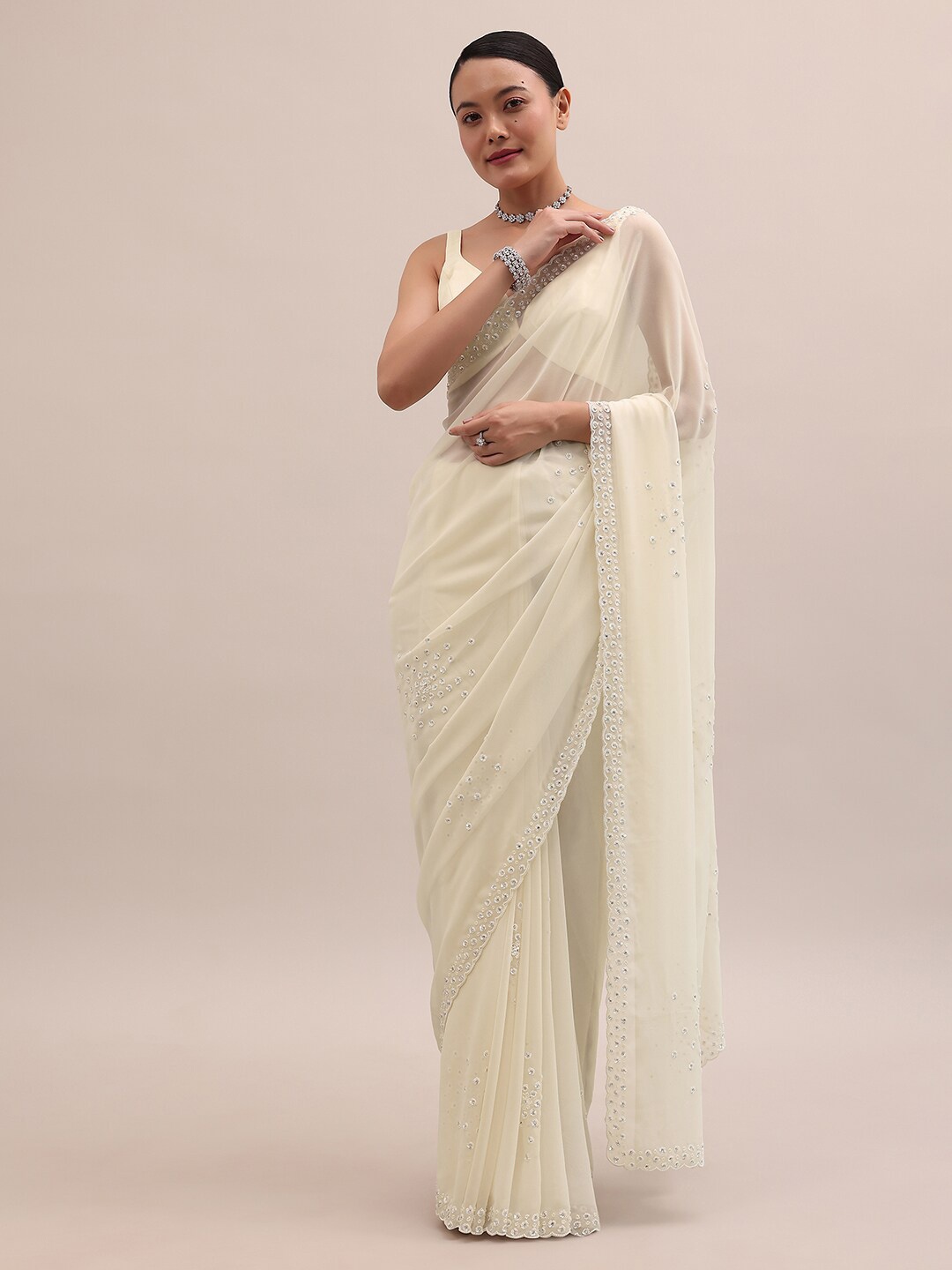 

KALKI Fashion Embellished Sequinned Pure Georgette Saree, Off white