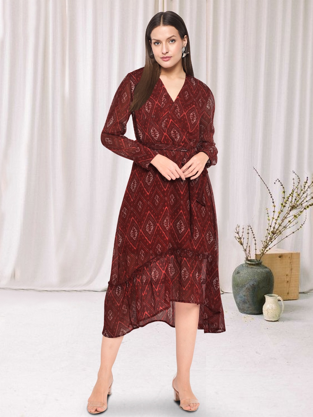 

Martini Ethnic Motifs Printed Gathered or Pleated Midi Wrap Dress, Red