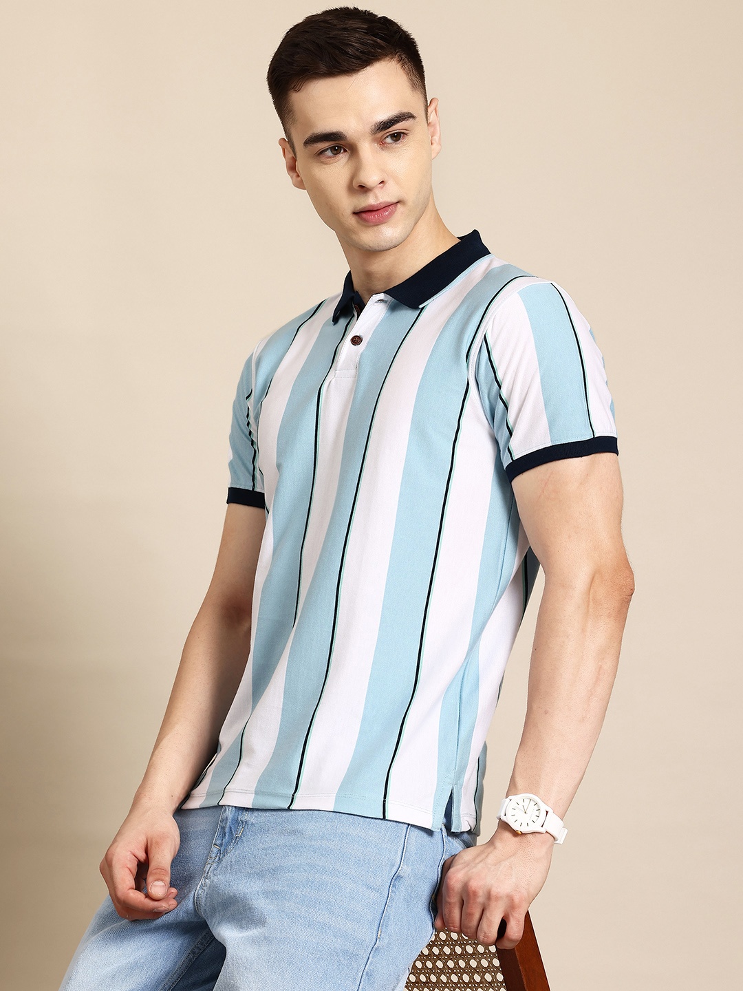 

Mast & Harbour Men Striped Polo Collar T-shirt, Blue
