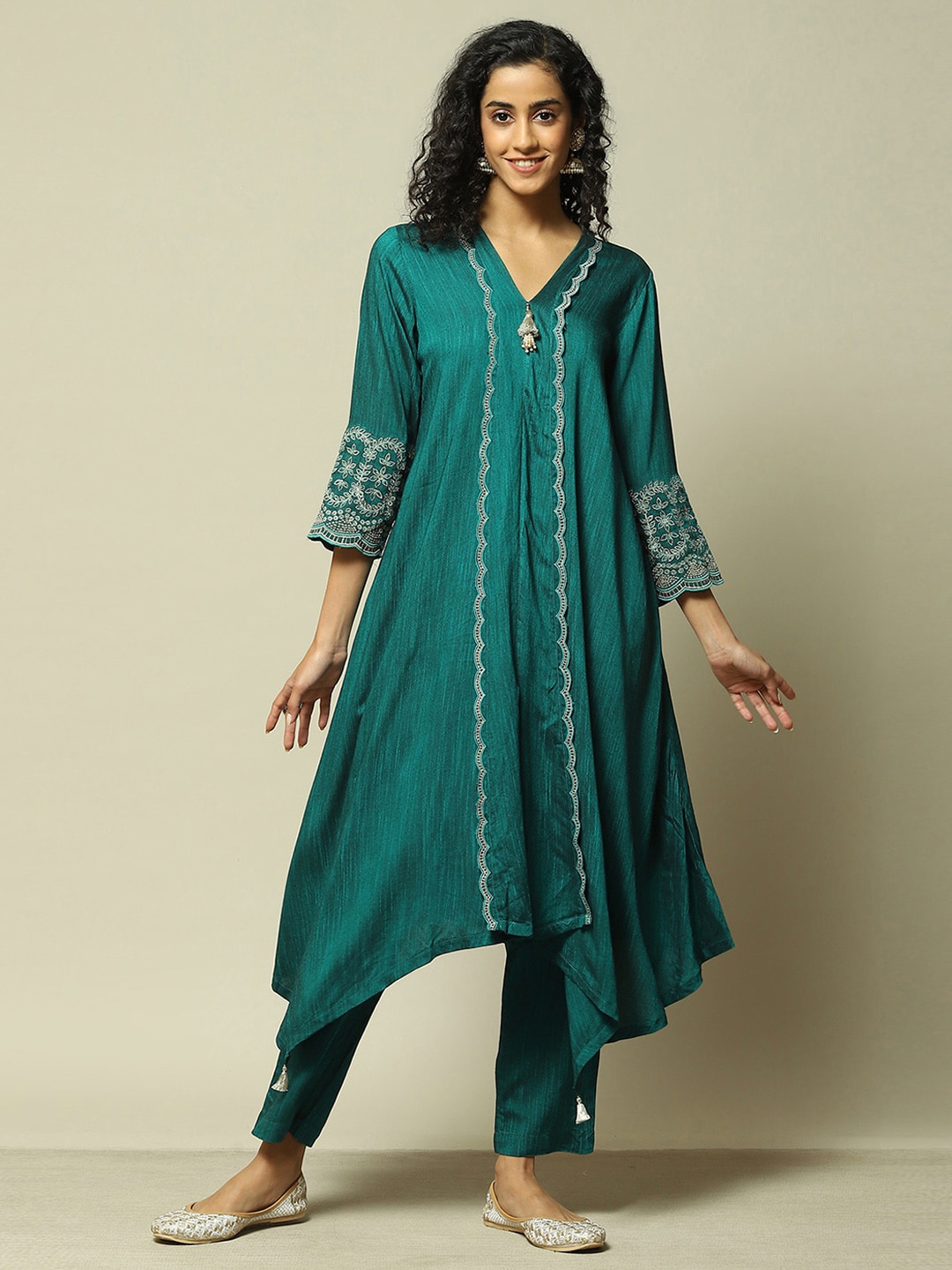 

Rangriti V Neck Ethnic Embroidered A Line Kurta with Trouser, Green