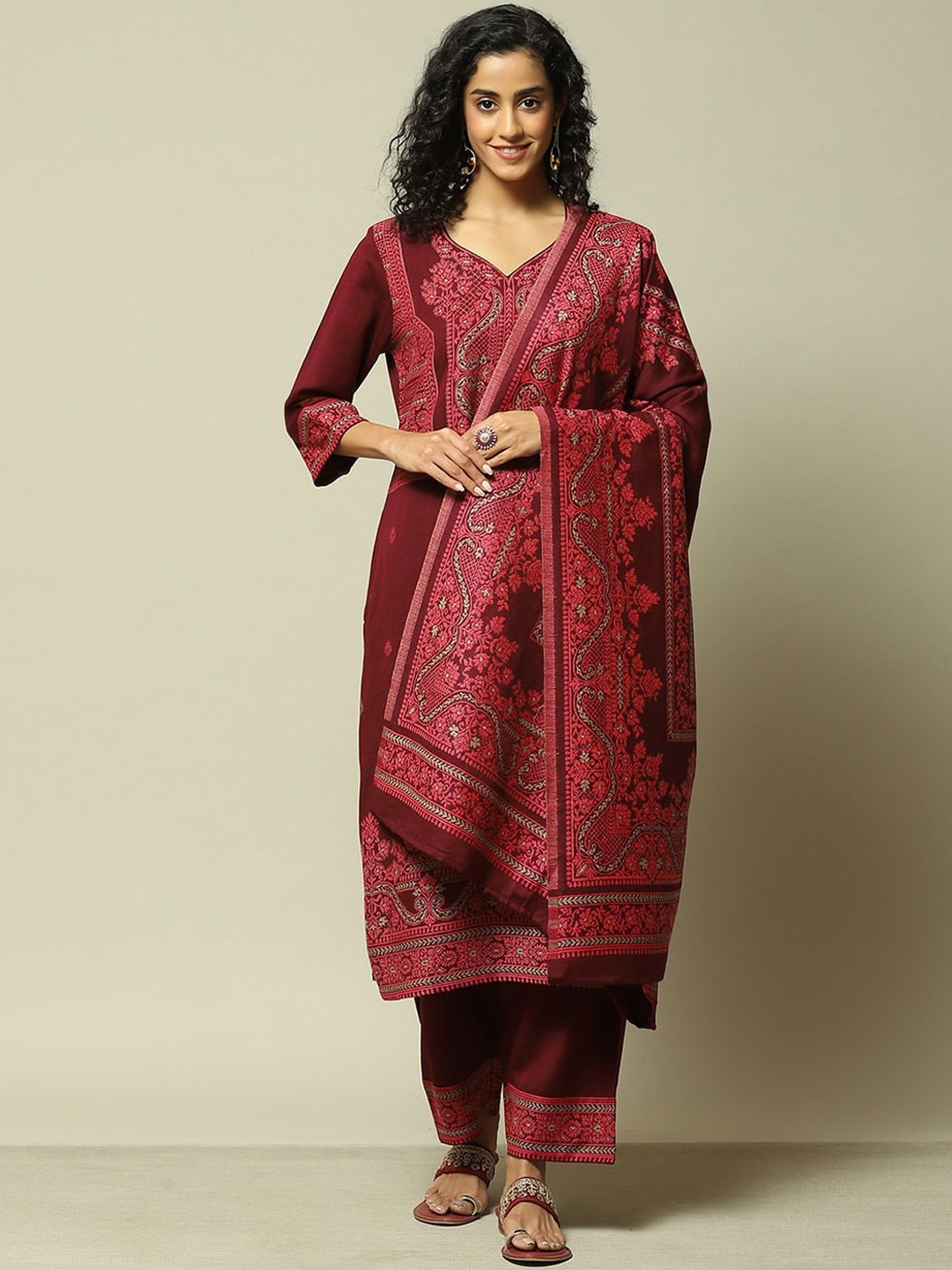 

Rangriti V Neck Floral Embroidered Straight Kurta with Palazzo & Dupatta, Maroon