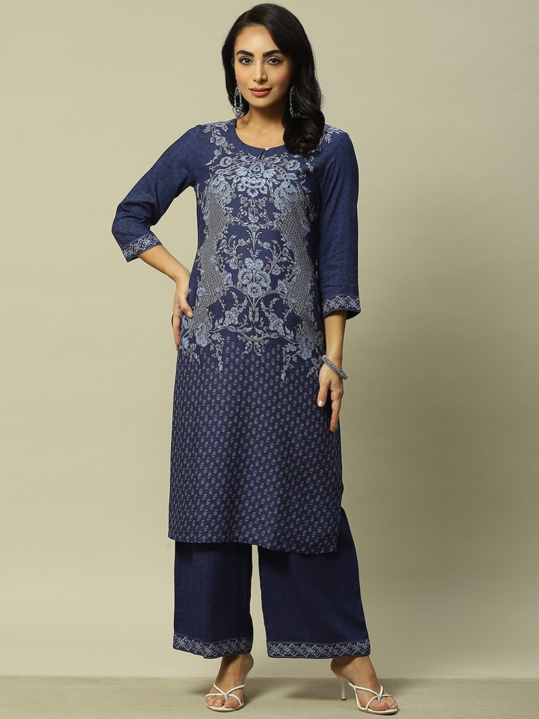 

Rangriti Floral Printed Liva Straight Kurta With Palazzo, Blue