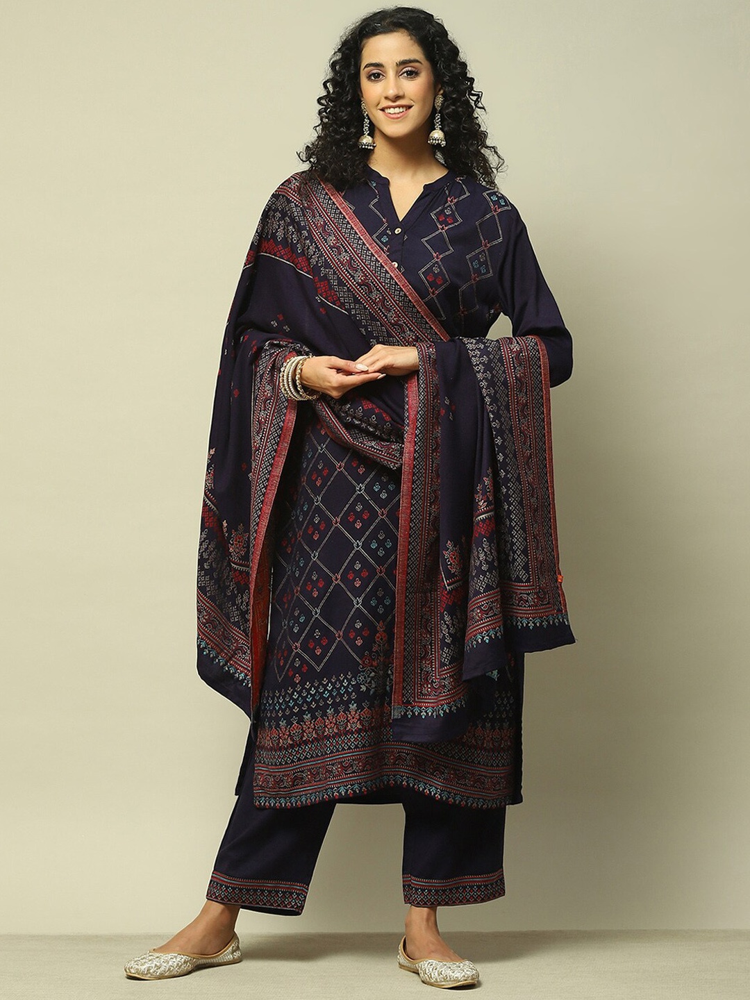 

Rangriti Floral Self Design Regular Straight Kurta With Palazzos & Dupatta, Blue