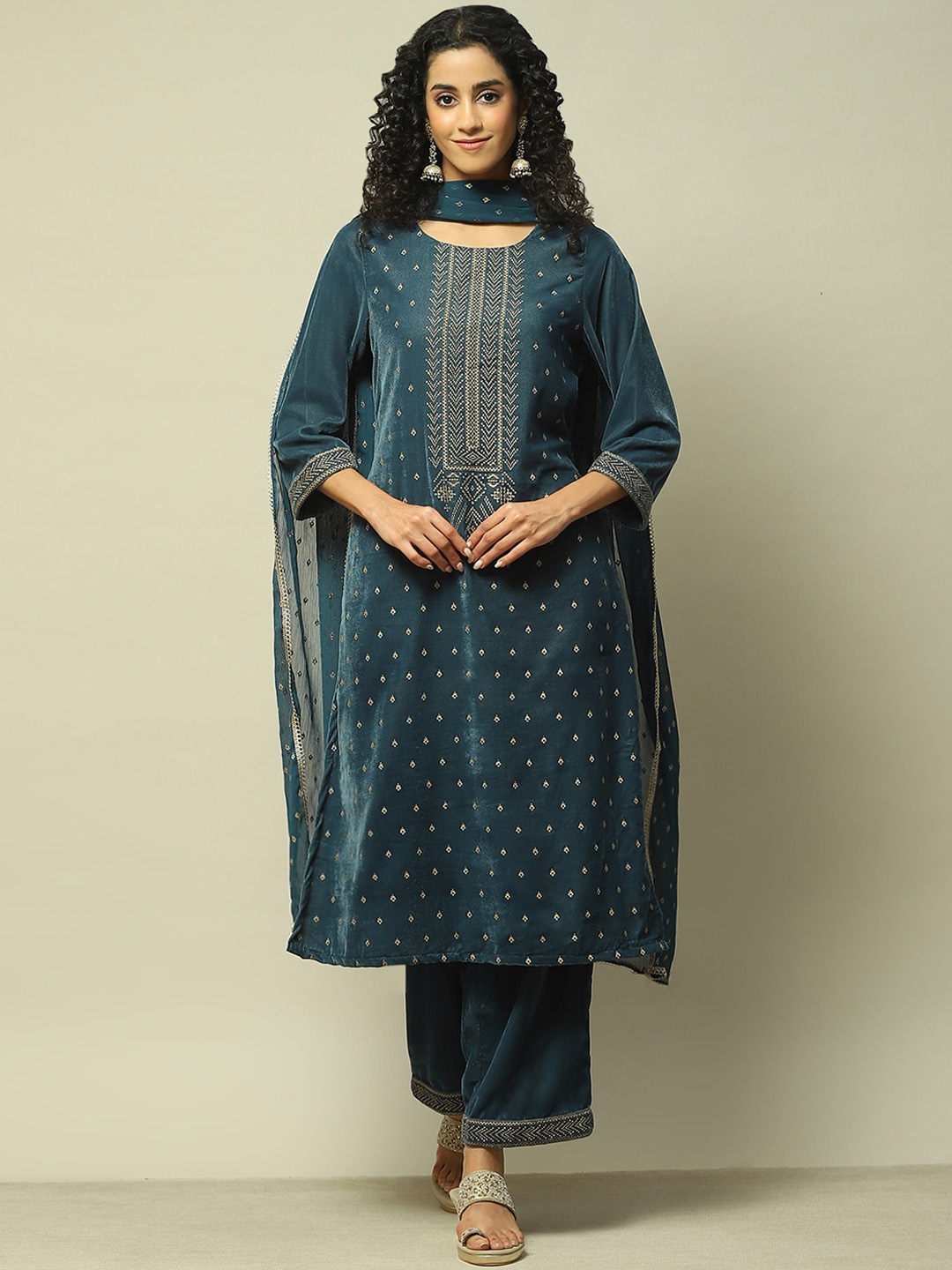 

Rangriti Floral Printed Regular Straight Kurta with Palazzos & Dupatta, Teal