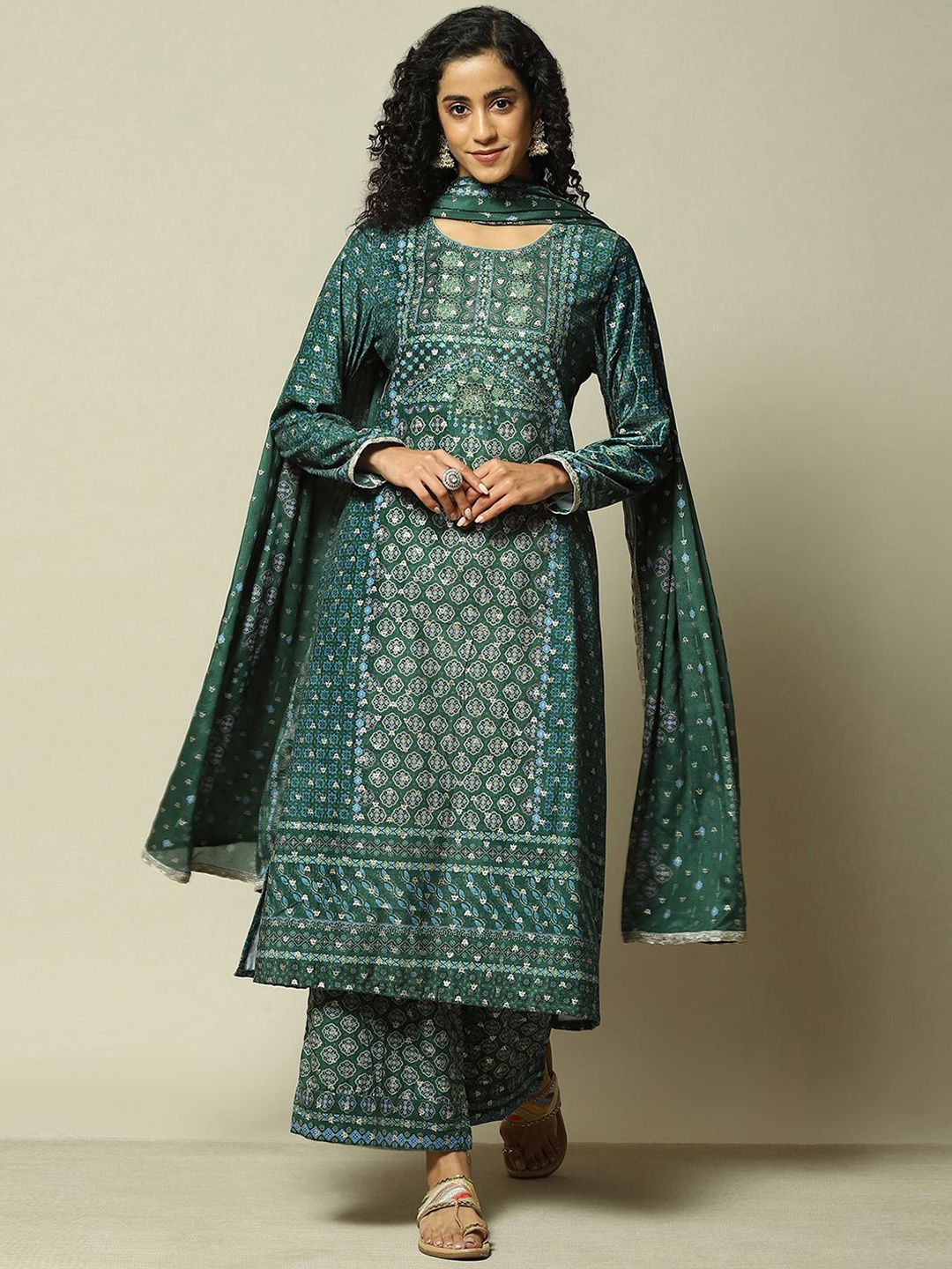 

Rangriti Floral Printed Straight Kurta with Palazzos & Dupatta, Green