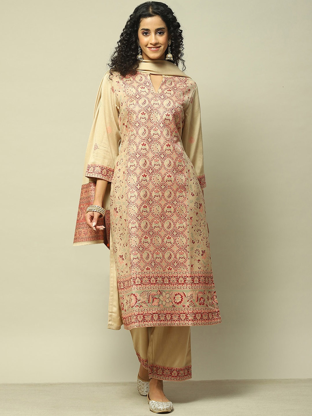 

Rangriti Geometric Printed Straight Kurta With Palazzo & Dupatta, Beige