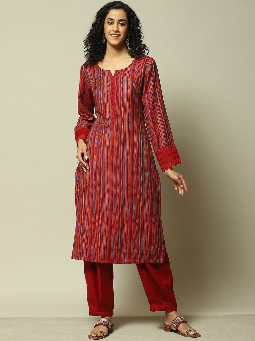 

Rangriti Striped Round Neck Regular Straight Kurta With Palazzos, Red