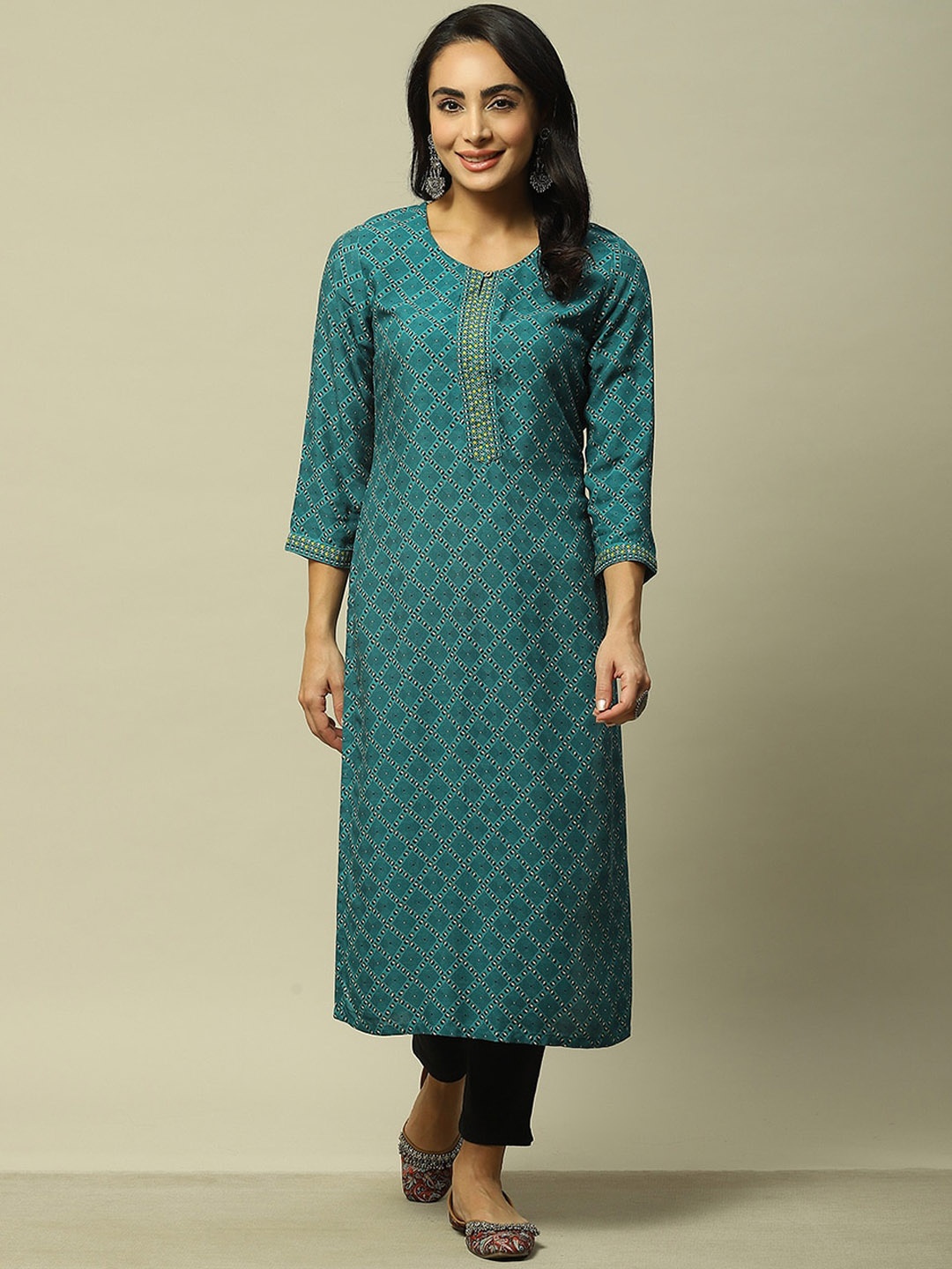

Rangriti Geometric Printed Strigth Kurta, Teal