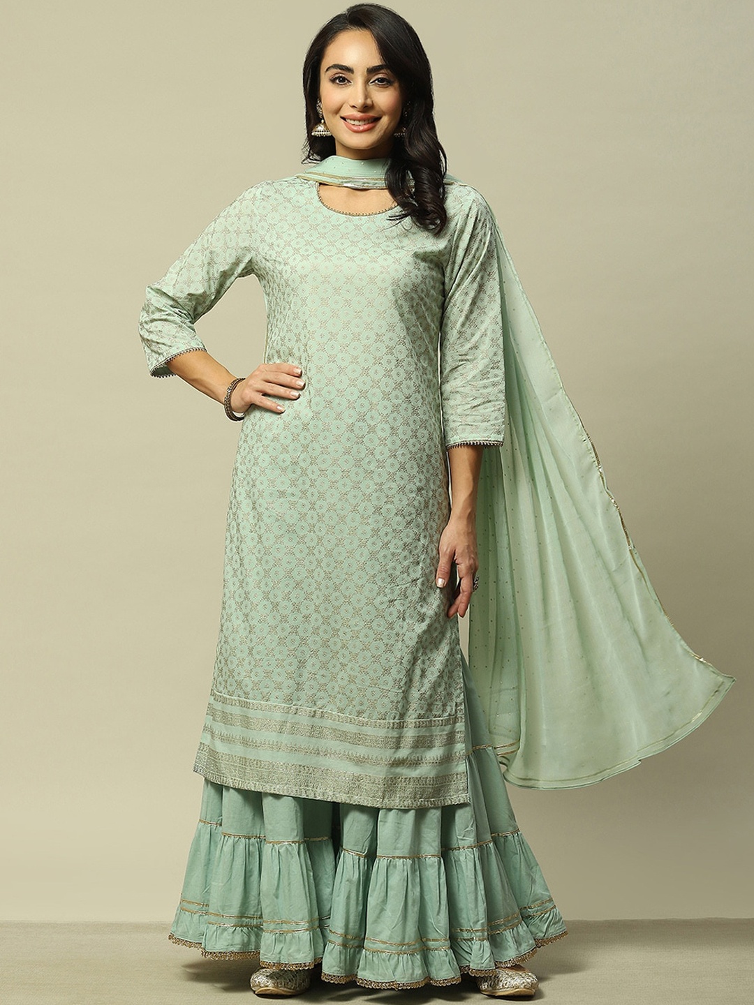 

Rangriti Floral Embellished Regular Pure Cotton Straight Kurta With Sharara & Dupatta, Green