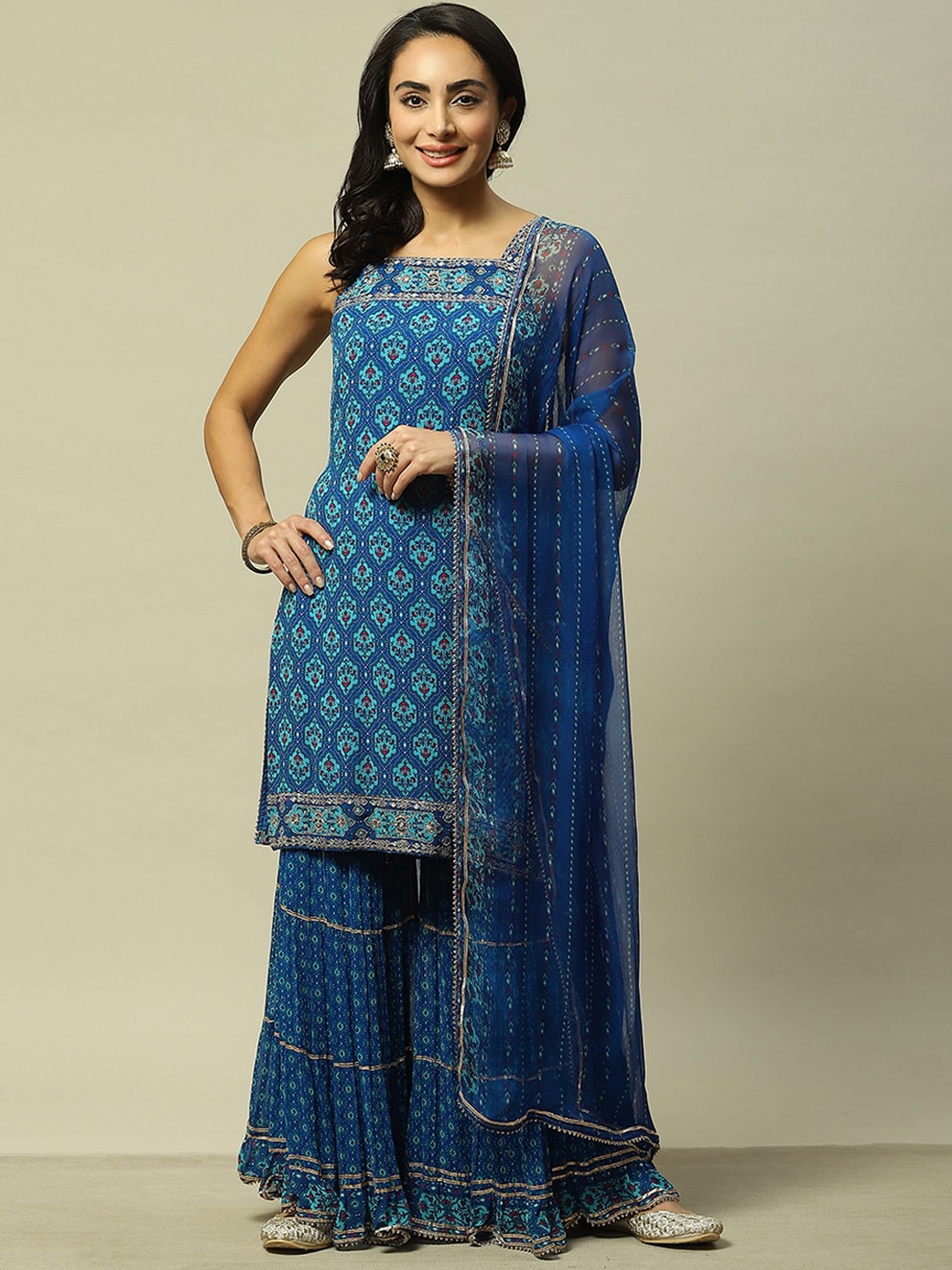 

Rangriti Ethnic Motifs Printed Shoulder Straps Straight Kurta with Sharara & Dupatta, Blue