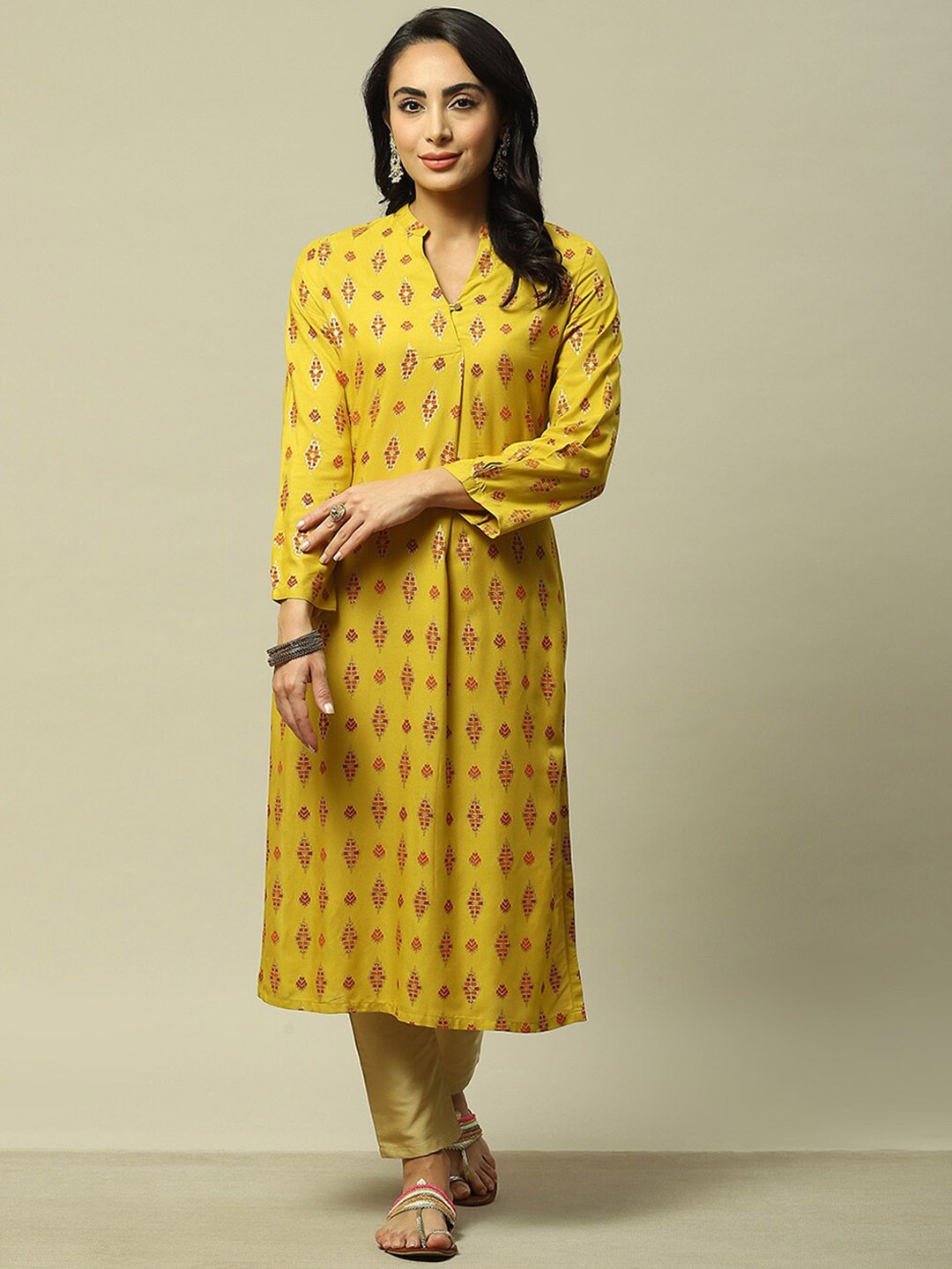 

Rangriti Ethnic Motifs Printed Kurta, Lime green