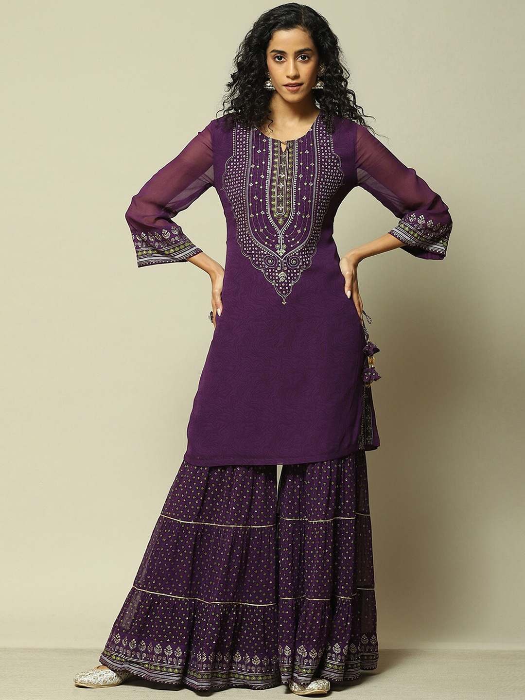 

Rangriti Embroidered Regular Straight Kurta with Sharara & Dupatta, Purple