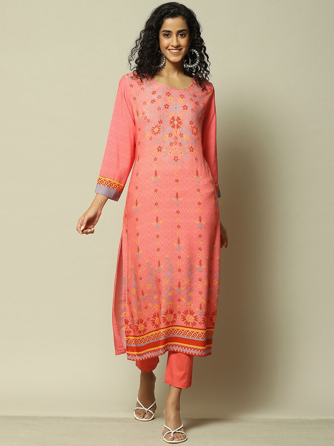 

Rangriti Ethnic Motifs Printed Round Neck Three-Quarter Sleeves Kurta, Pink