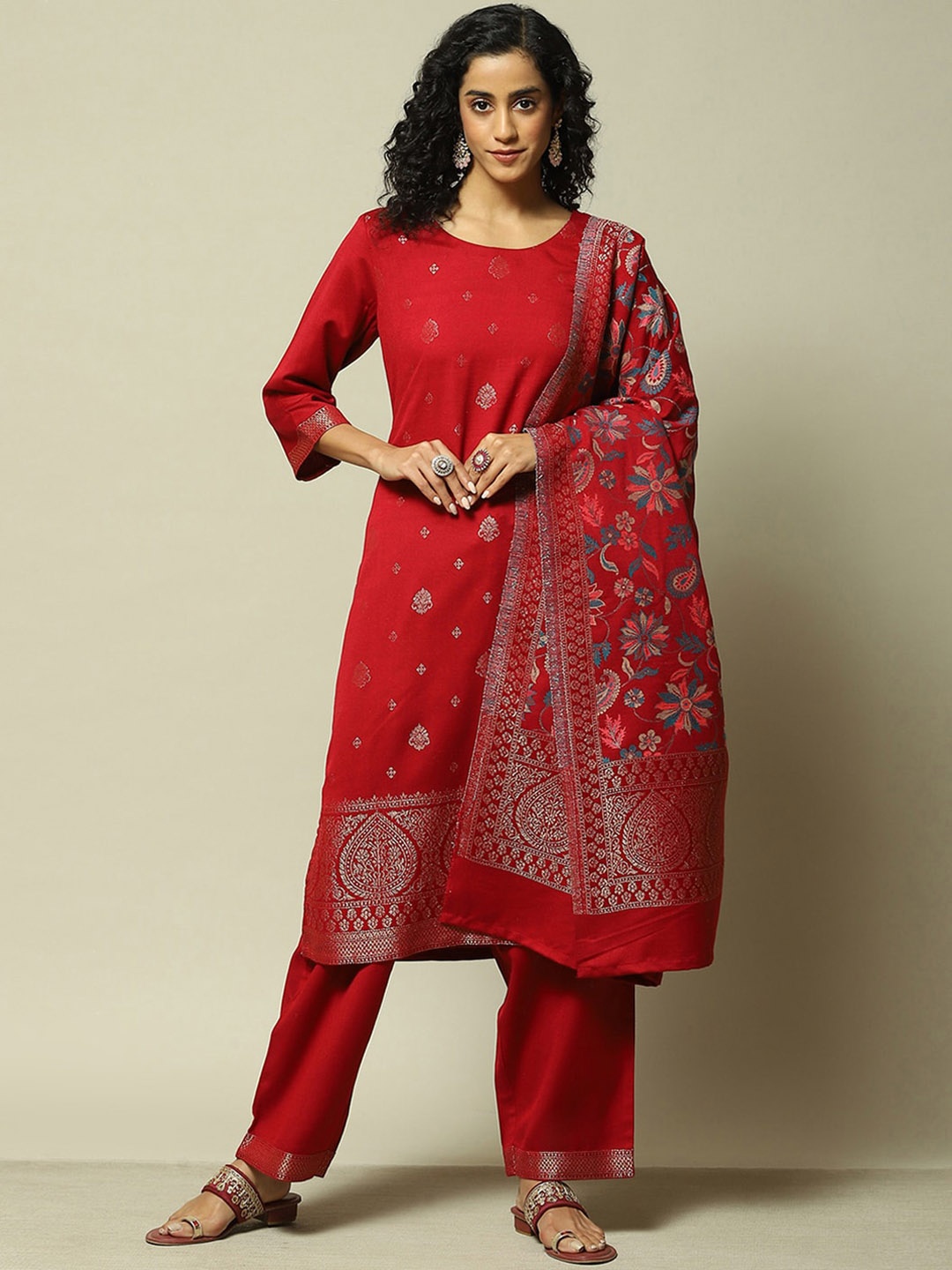 

Rangriti Floral Printed Regular Straight Kurta with Palazzos & Dupatta, Red