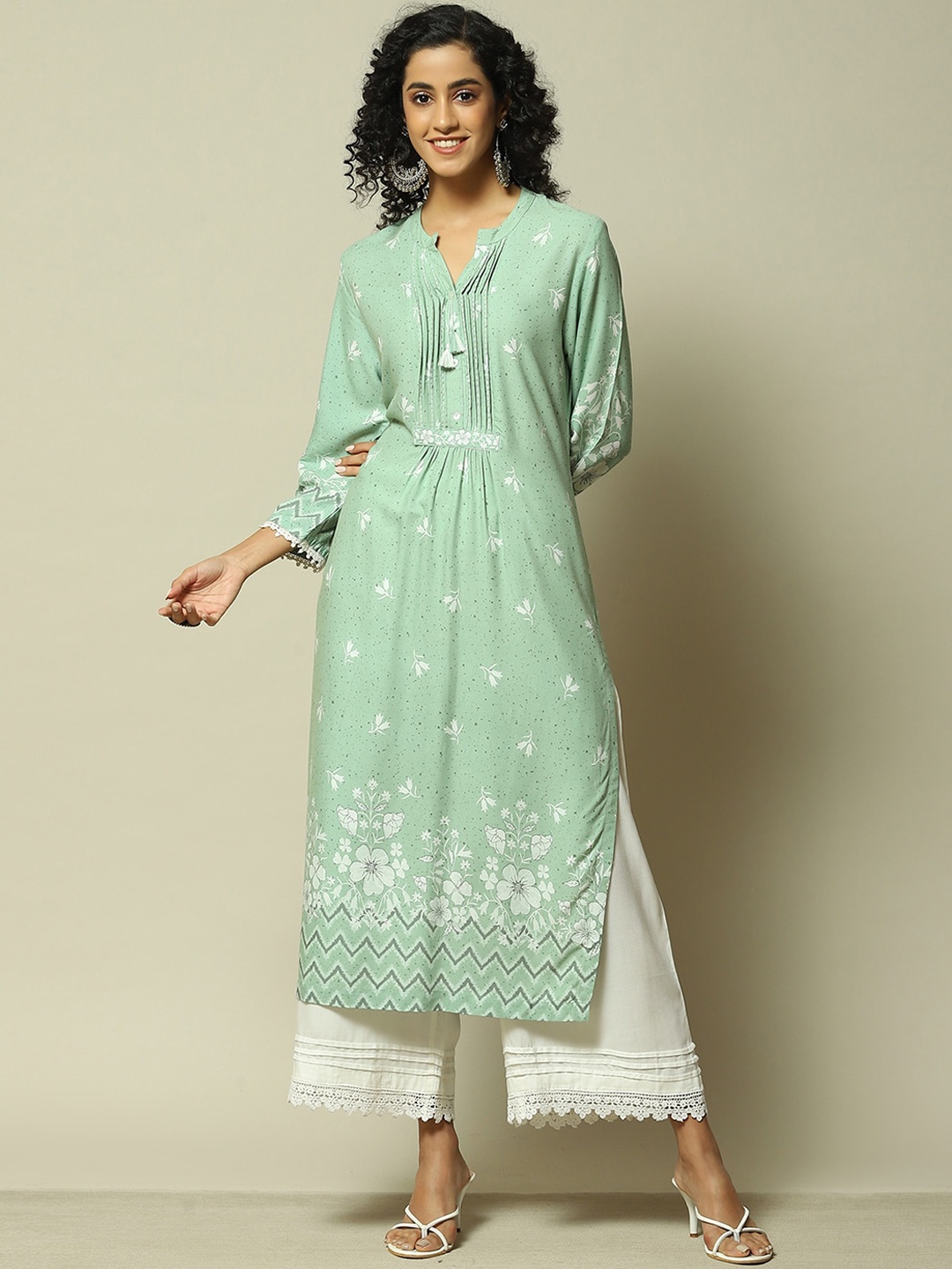 

Rangriti Band Collar Printed Kurta, Green