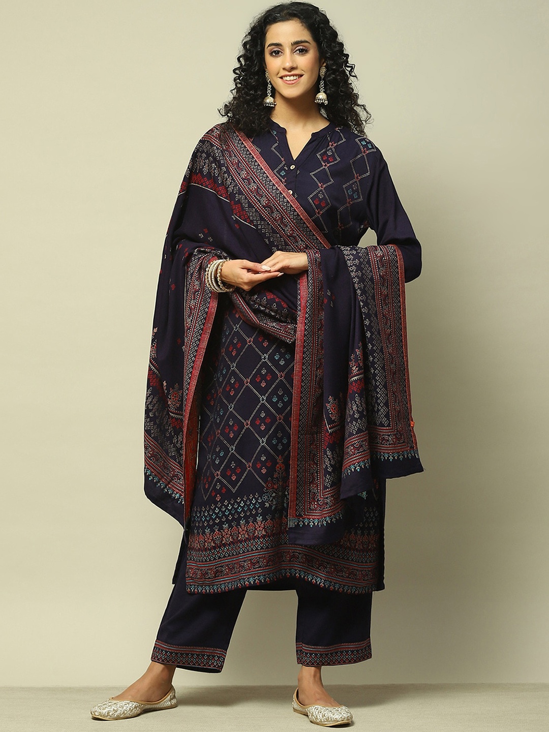 

Rangriti Mandarin Collar Ethnic Printed Straight Kurta with Palazzo & Dupatta, Blue