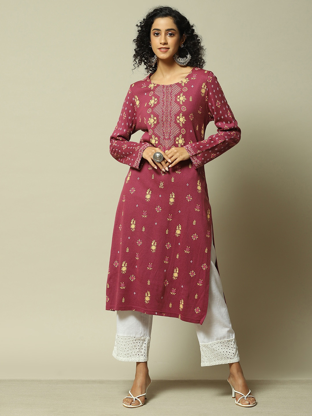 

Rangriti Ethnic Motifs Printed Round Neck Long Sleeves Kurta, Pink