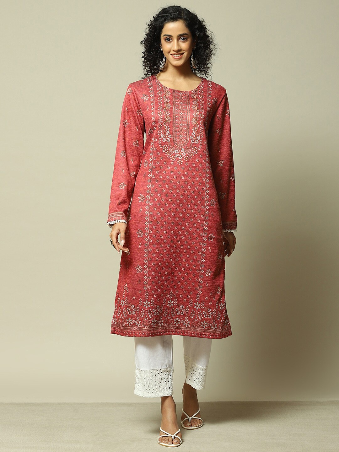 

Rangriti Round Neck Long Sleeves Printed Kurta, Red