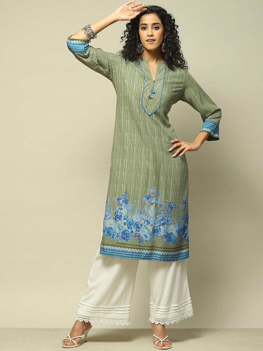

Rangriti Striped Strigth Kurta, Green