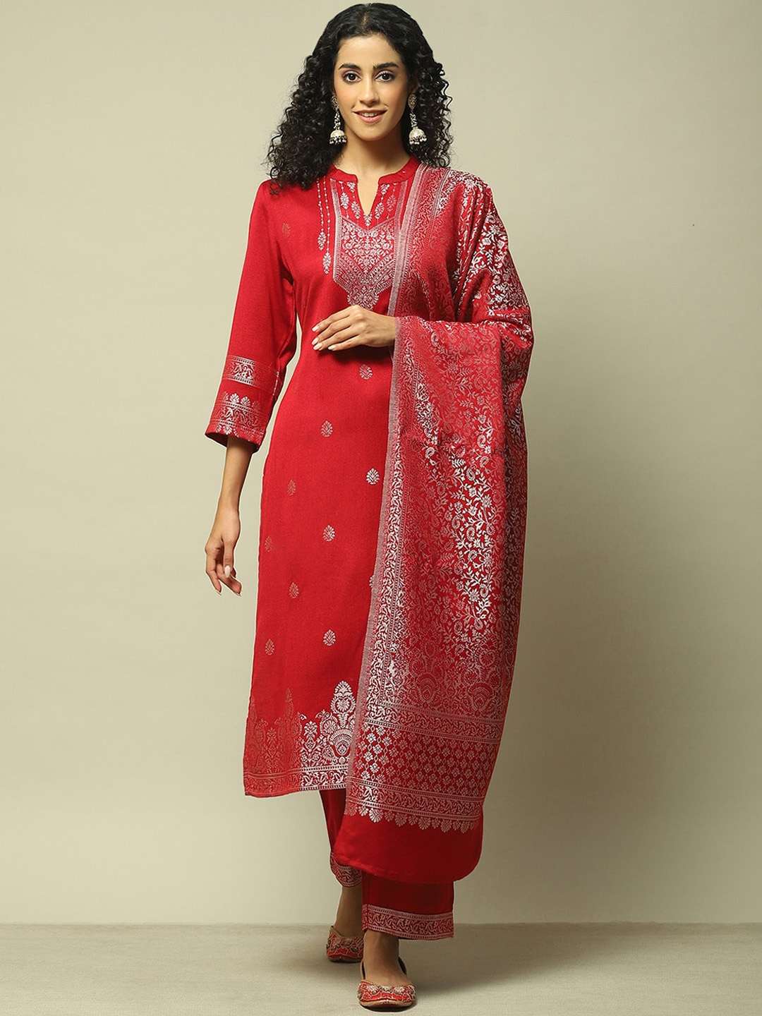 

Rangriti Floral Woven Design Band Collar Straight Kurta with Palazzos & Dupatta, Red