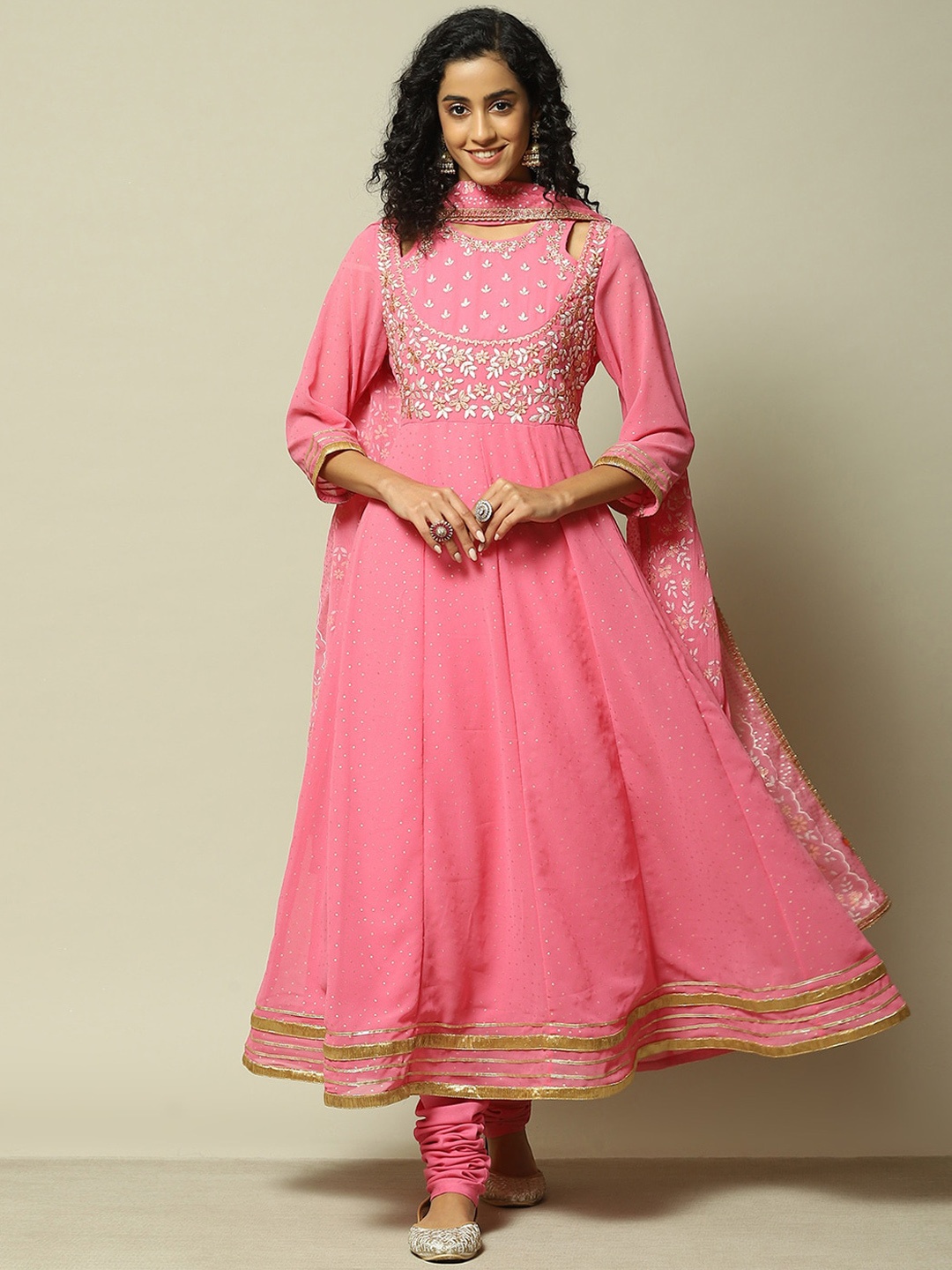 

Rangriti Floral Printed Gotta Patti Anarkali Kurta With Trousers & Dupatta, Pink