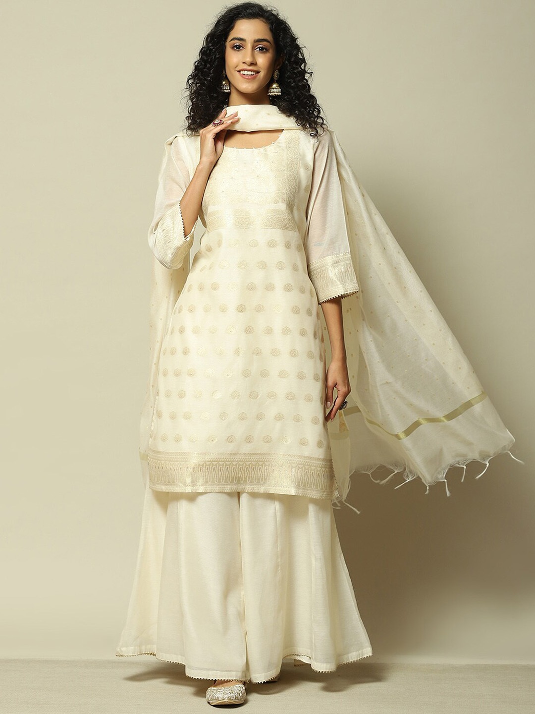 

Rangriti Ethnic Motifs Woven Design Zari Straight Kurta With Palazzos & Dupatta, Off white