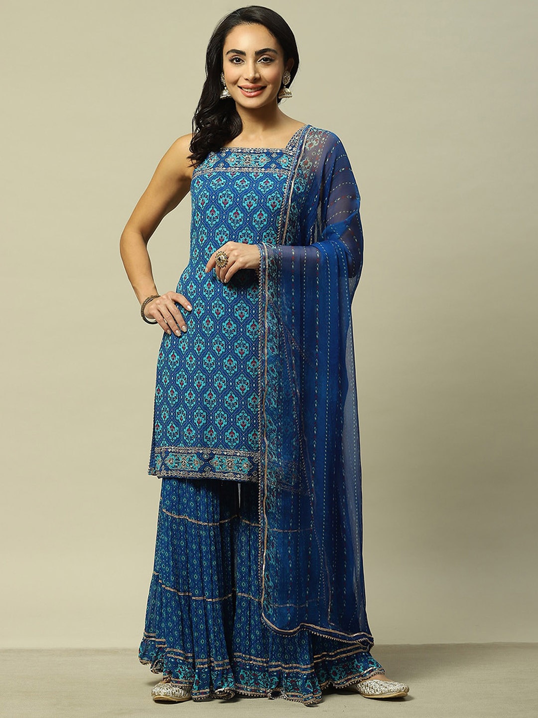 

Rangriti Ethnic Motifs Printed Straight Kurta With Sharara & Dupatta, Blue