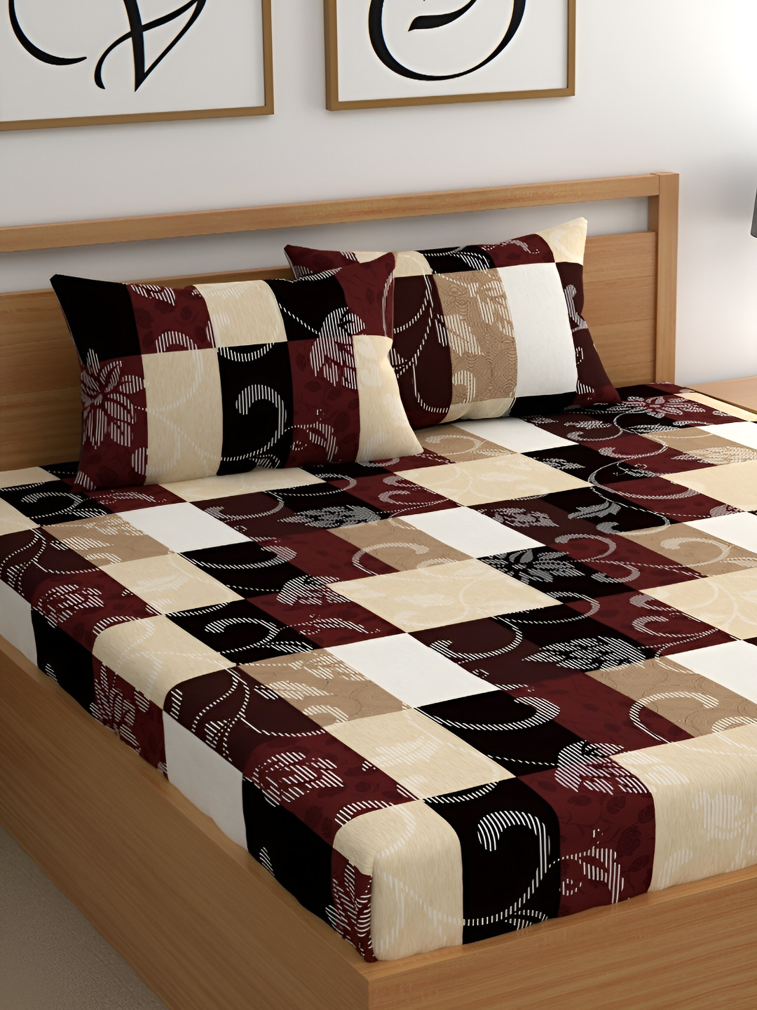 

CG HOMES Brown & White Ethnic 160 TC Fitted Cotton Queen Bedsheet with 2 Pillow Covers