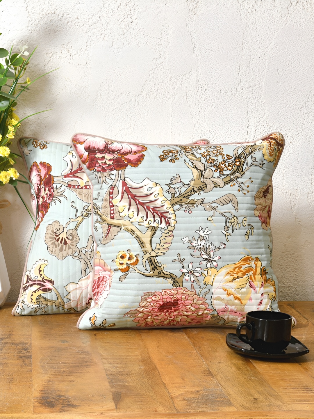 

Clasiko Blue & White 2 Pieces Floral Cotton Square Cushion Covers