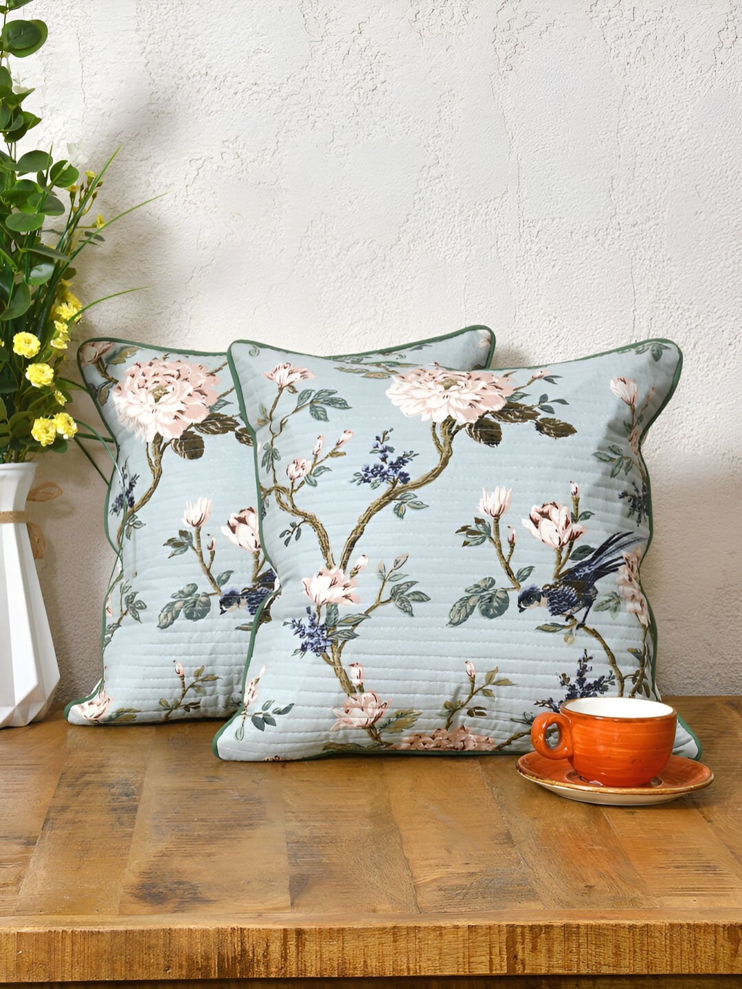 

Clasiko Blue & Pink 2 Pieces Floral Cotton Square Cushion Covers