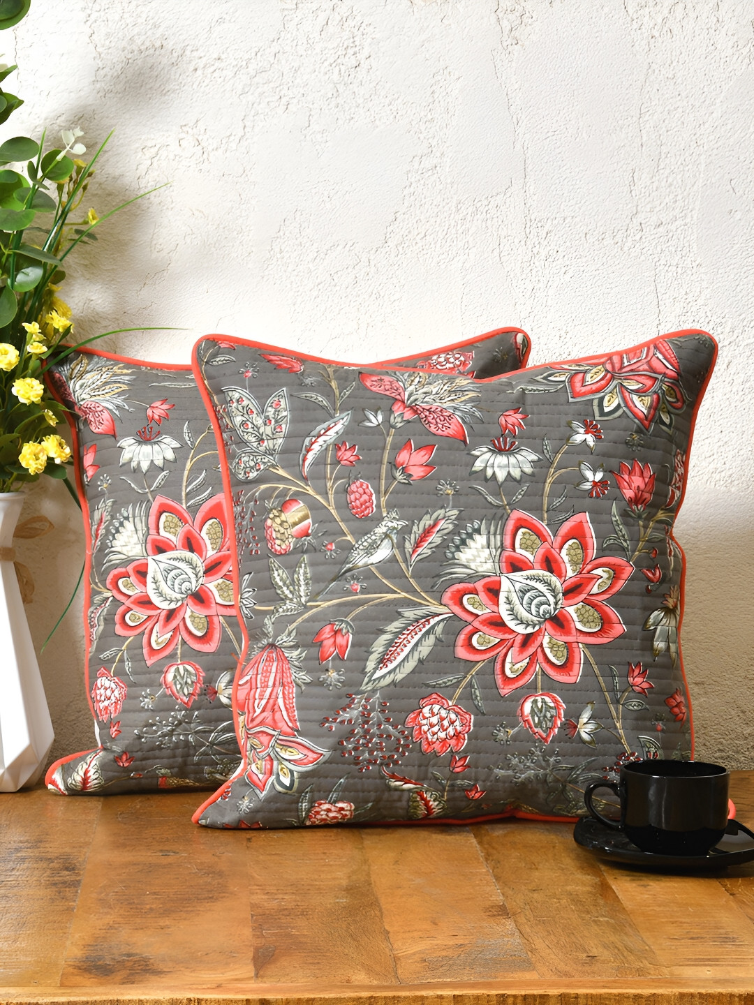 

Clasiko Grey & Red 2 Pcs Floral Square Cushion Covers
