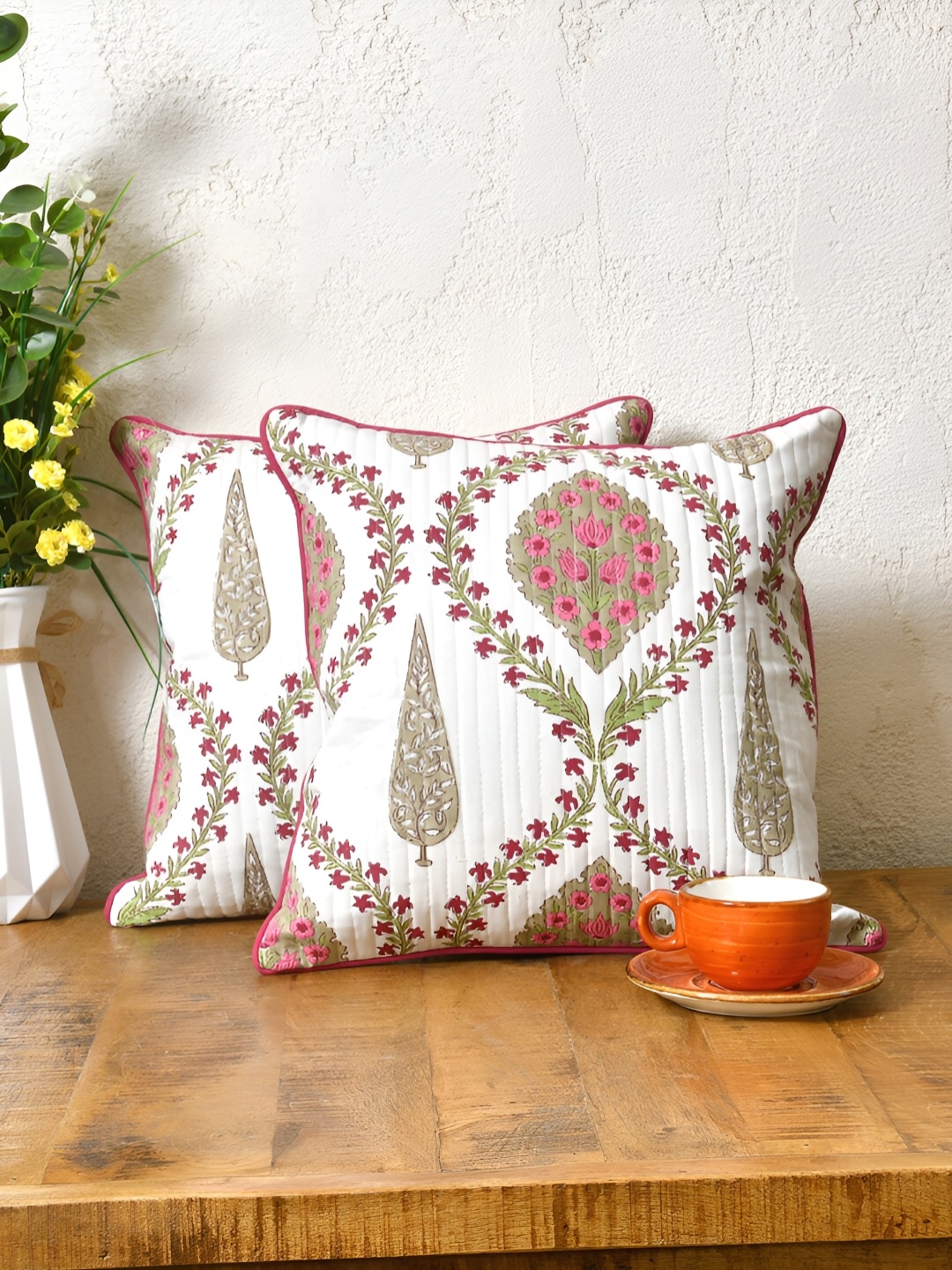 

Clasiko White & Pink 2 Pieces Floral Cotton Square Cushion Covers
