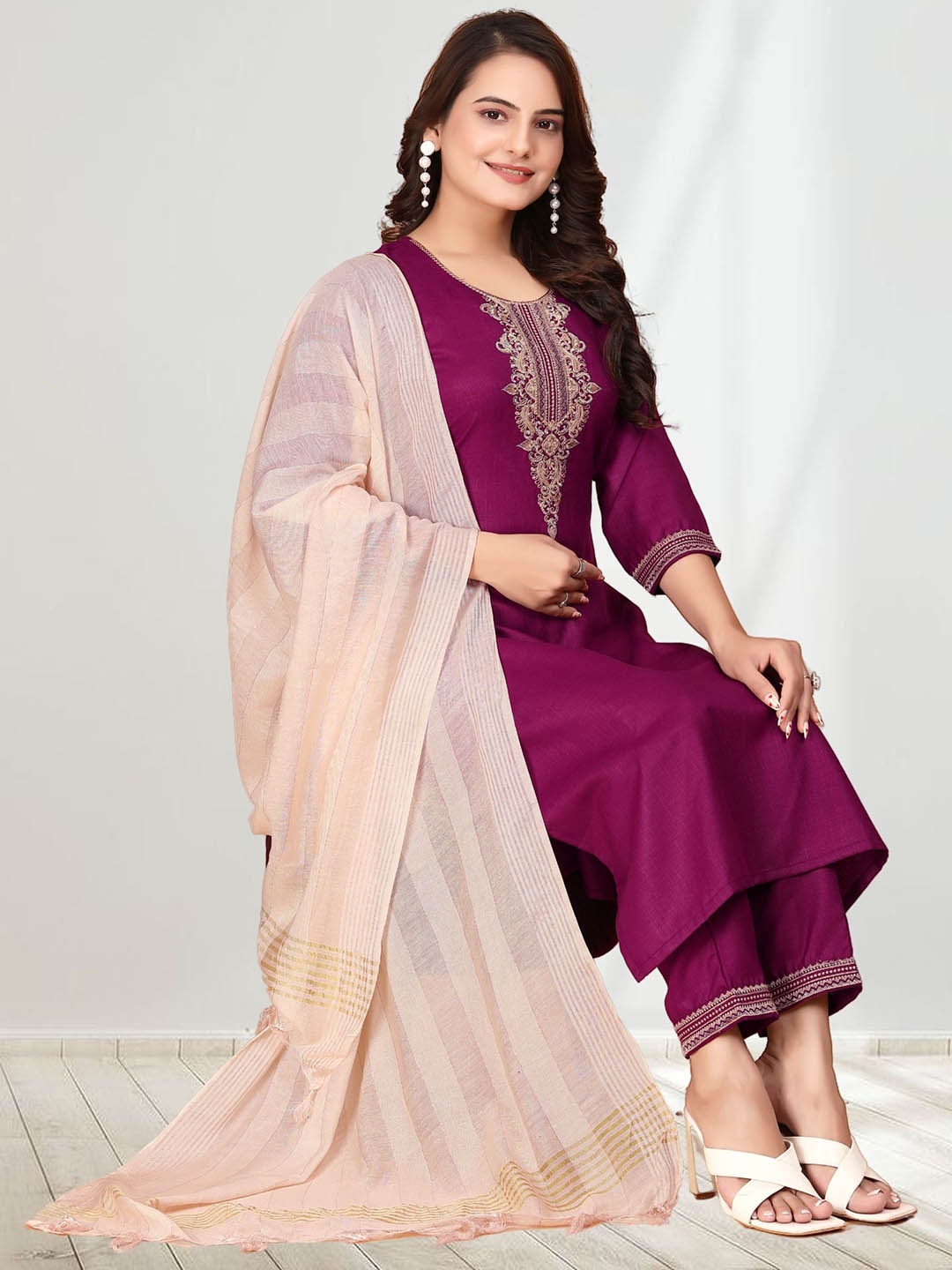 

Anouk Ethnic Motifs Embroidered Sequinned Straight Kurta With Trousers & Dupatta, Maroon